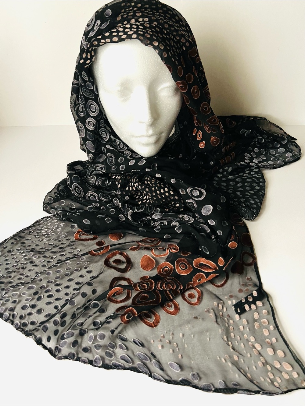 Cynthia Rowley Devore’ metallic copper pebble Sheer, black burnout, scarf